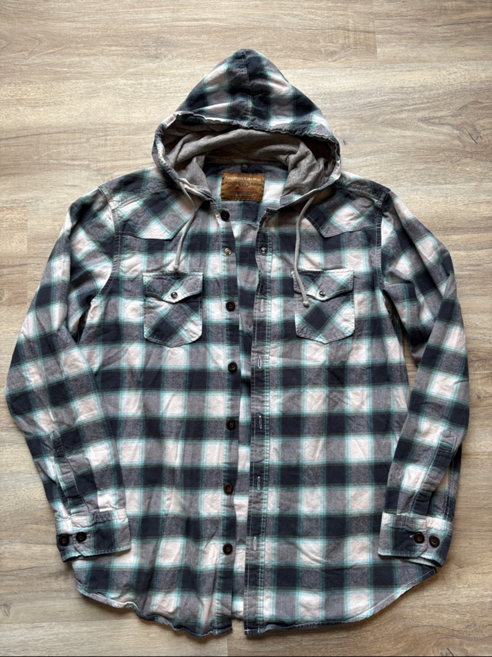 Angelo Litrico XL Men's Hooded Plaid Flannel Snap Button Shirt Jacket-Black/Gray